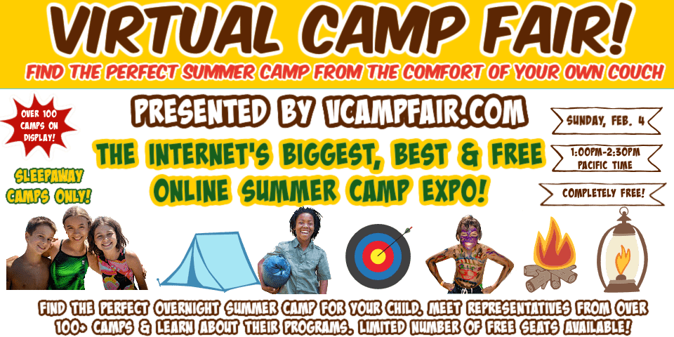 Yellow and white virtual camp fair ad showcasing the February 4 virtual camp fair.