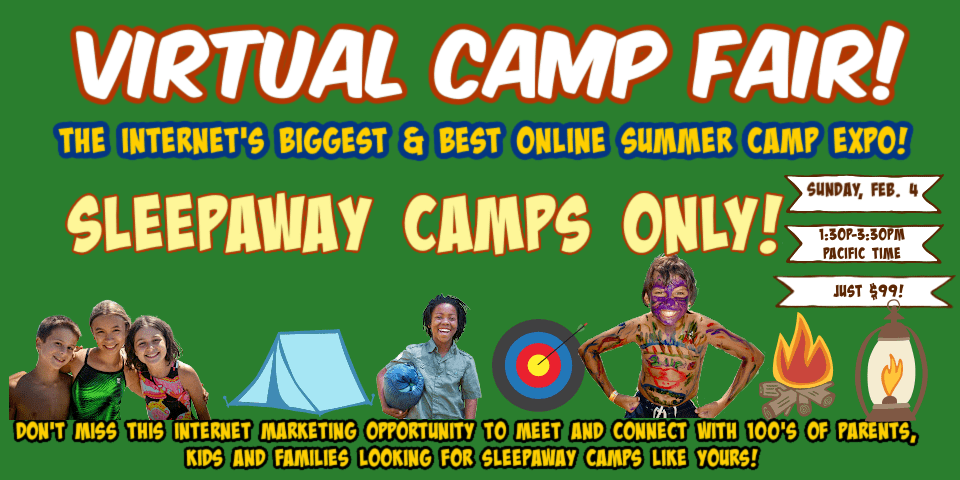 Forrest green image promoting the virtual camp fair taking place on February 4, 2024 on vcampfair.com 