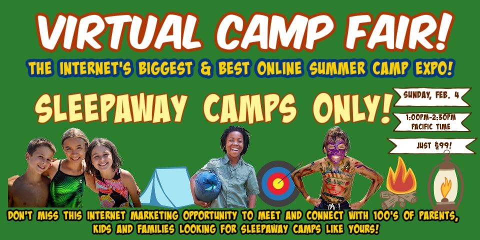 Forrest green image promoting the virtual camp fair taking place on February 4, 2024 on vcampfair.com 