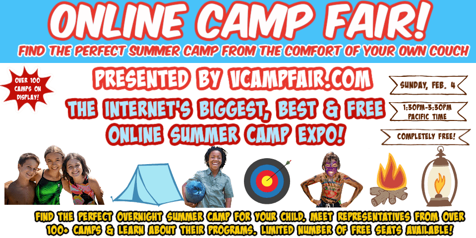 Red, white and blue color coordinated virtual camp fair advertising banner