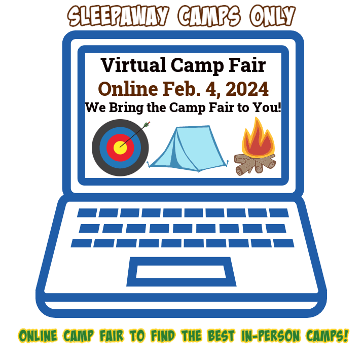 Graphic of a laptop computer promoting the Feb. 4 virtual camp fair on the screen. This camp fair features resident camps only.