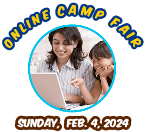 RSVP to virtual camp fair button. Mom and daughter searching for a sleepaway summer camp together on their computer.