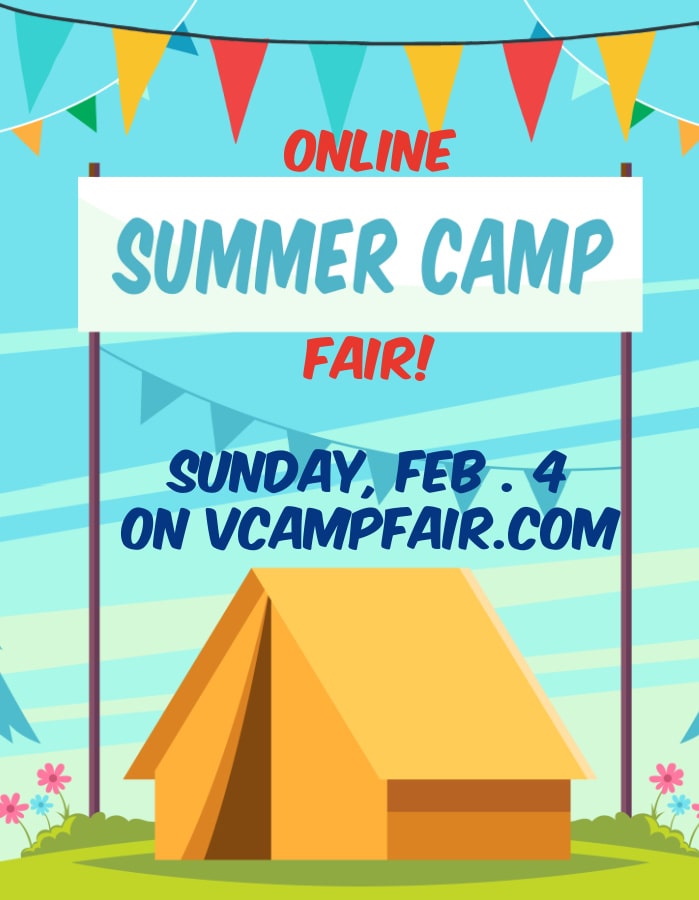 Vertical vector image with a summer camp cabin at the bottom and fair flags at the top with a huge 