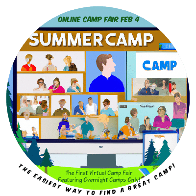 Circular image generated by AI showcasing various virtual summer camp booths at the virtual camp fair