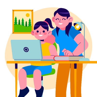 Vector image of mom and daughter participating at the virtual camp fair, searching for summer camps and interacting with sleepaway summer camp representatives on their computer.