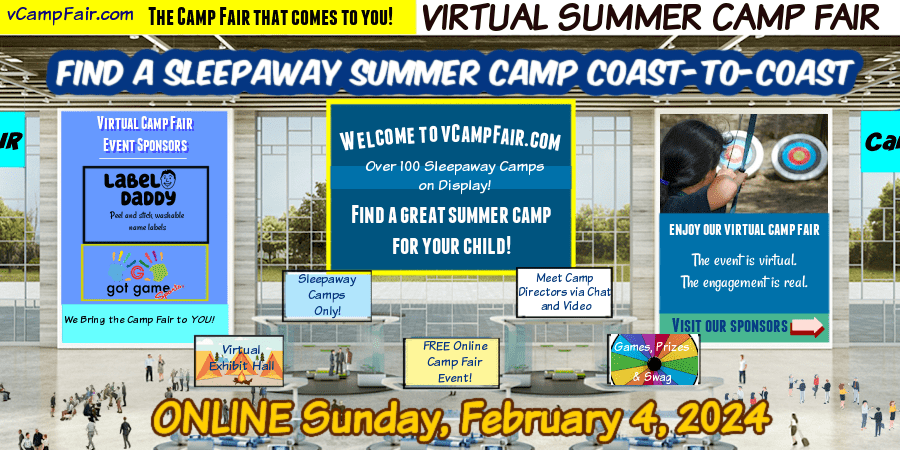 Virtual Camp Fair lobby for the Sunday, Feb. 4, 2024 virtual camp fair hosted by and on vcampfair.com