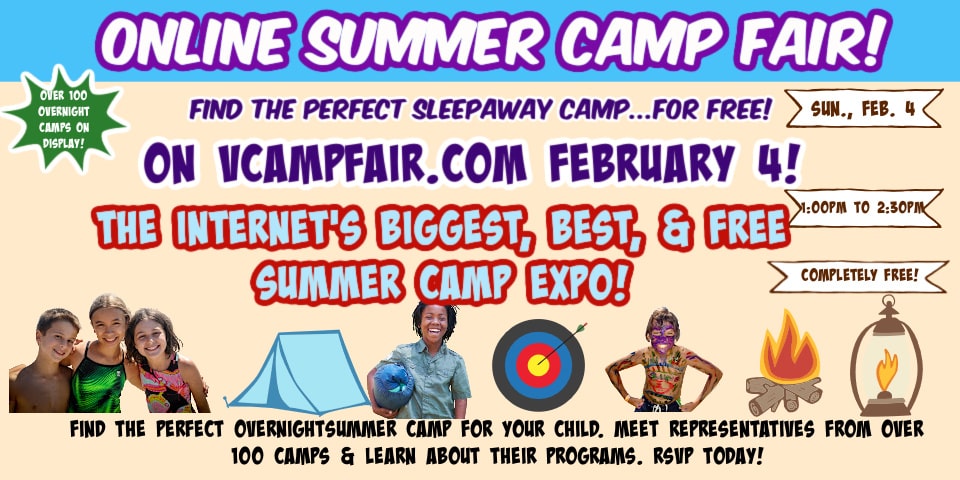 Brown, purple, green and colorful promotional banner promoting the Feb. 4 online camp fair on vcampfair.com. The camp fair is an online event featuring in-person sleepaway camps and programs.