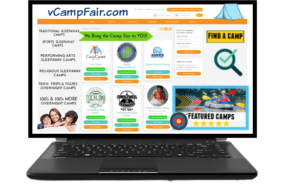 Image of a summer camp search engine directory to find sleepaway summer camps at the virtual camp fair taking place on February 4 on vcampfair.com